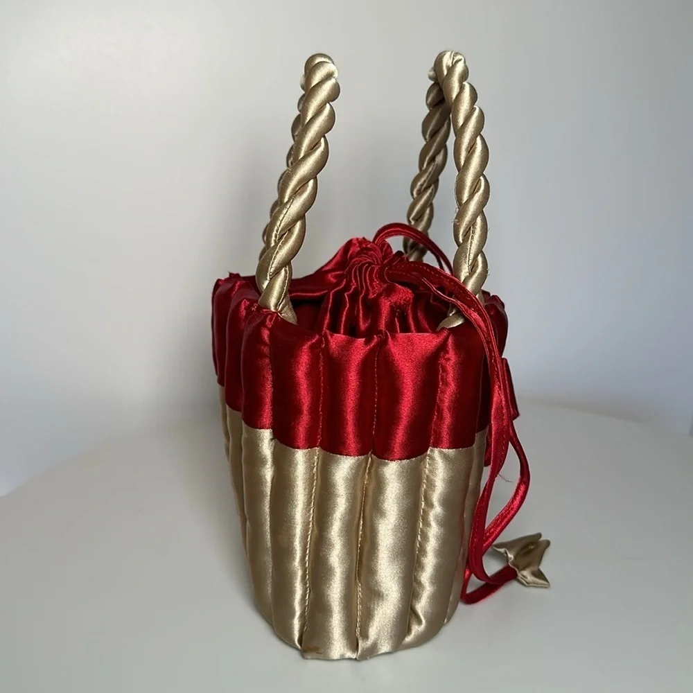 80s SATIN FLOWER BASKET cupcake purse twisted handle tie top bridal flower girl